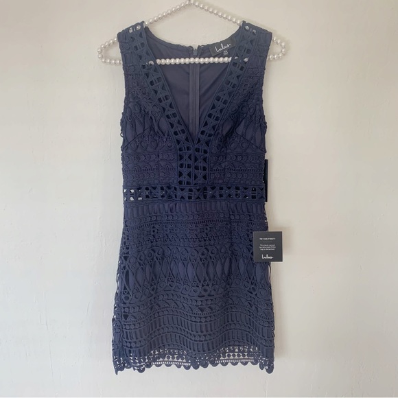 Lulu’s Take Me Dancing Navy Blue Crochet Lace Sleeveless Mini Dress - Picture 6 of 13